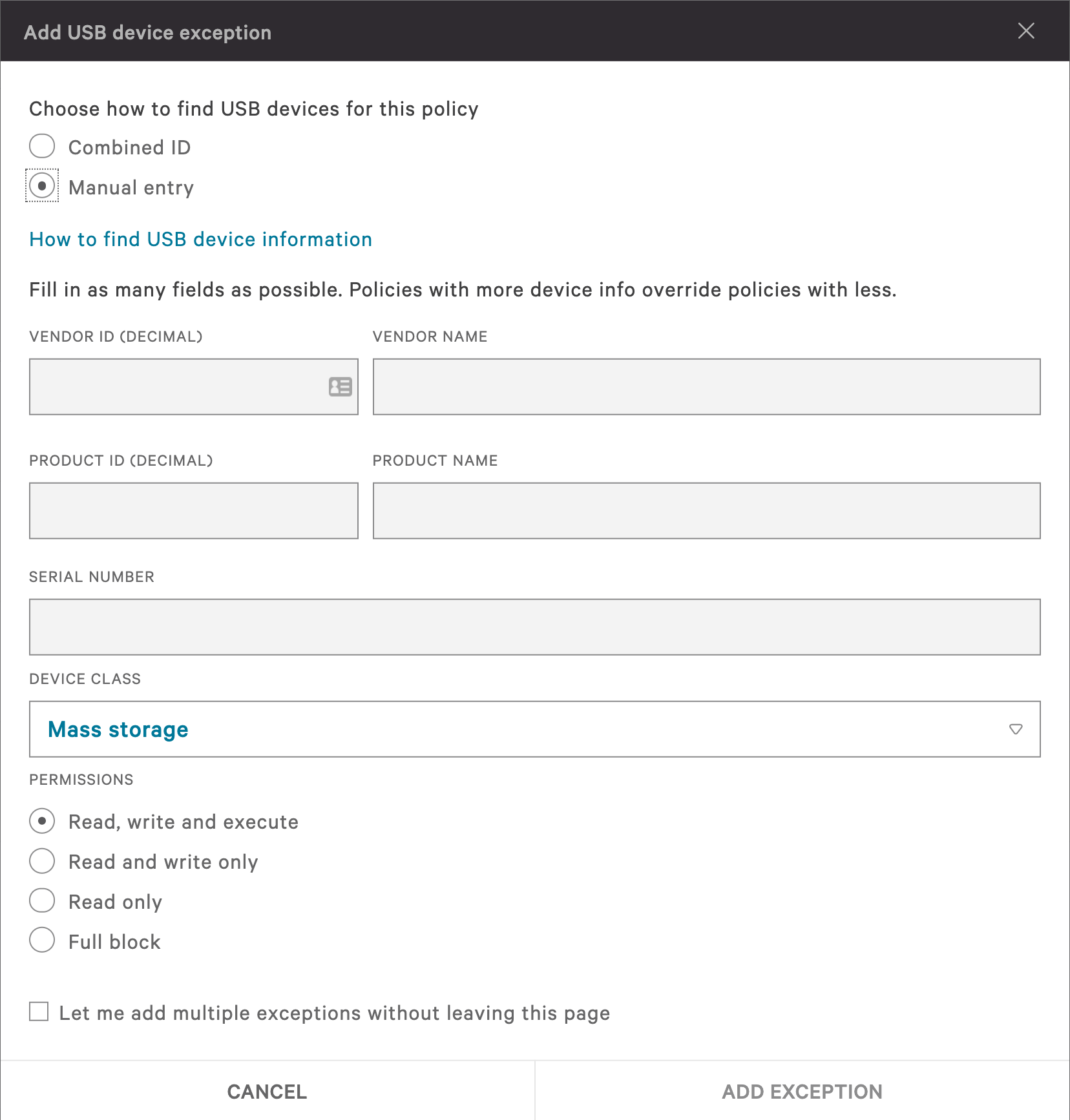 USB Policy Exception Configuration