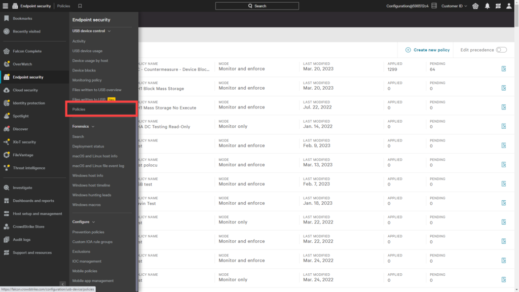 Device Control Policy Menu